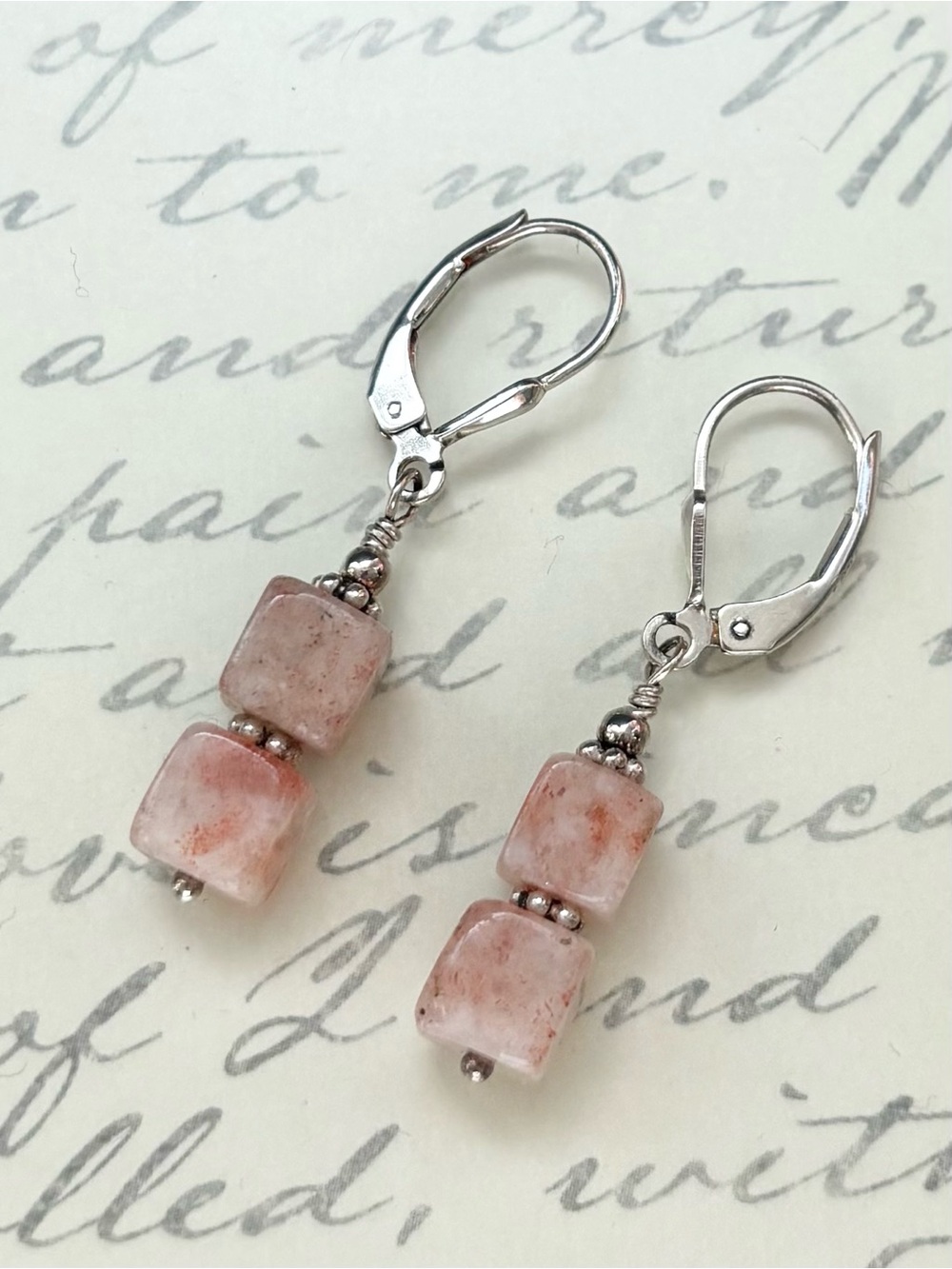 Sterling Leverback Earrings with Pink Peach Sunstone Cube Gemstones